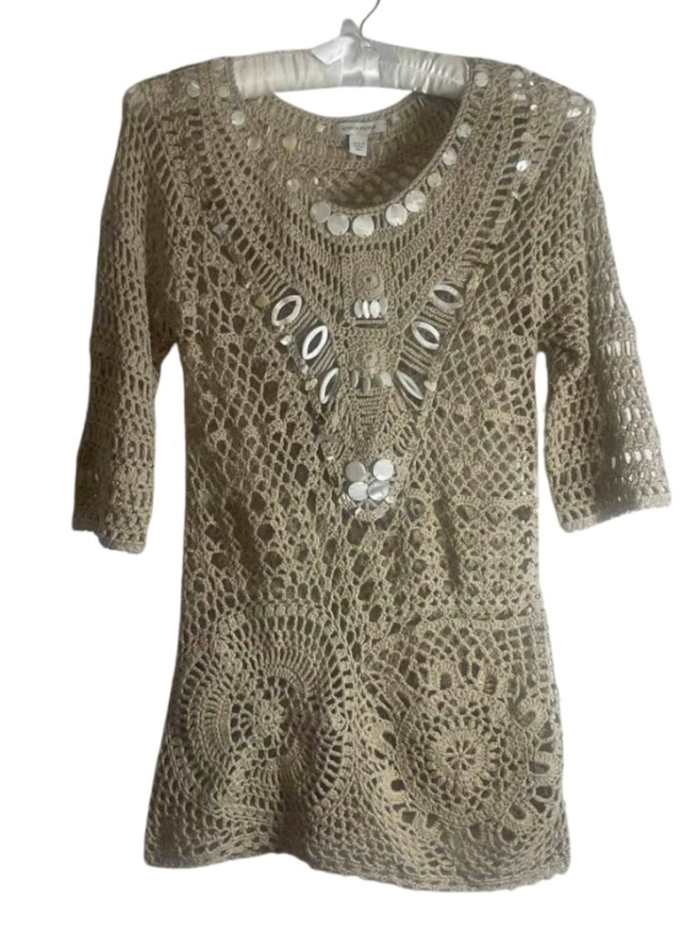 Boston Proper Boho Embellished Open Crochet Tunic Top Shells Size Small - Picture 2 of 10